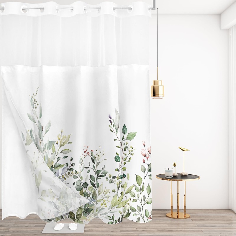 Tititex No Hooks Snap in Liner Green Eucalyptus Leaves Shower