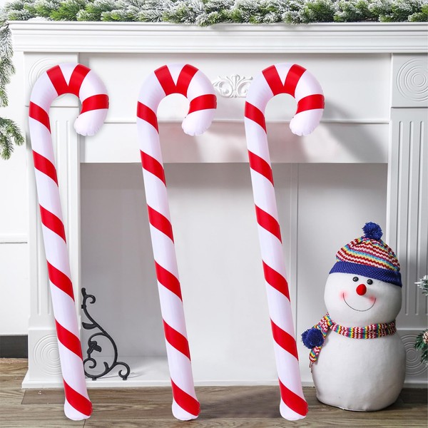Pack of 3 Inflatable Candy Canes, Christmas Decoration, Large Christmas Decoration, Front Door, Candy Canes, Christmas Tree Decoration, Outdoor (Red/White) 90 cm