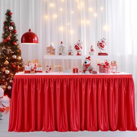 Albassa Polyester Table Skirt for Rectangle Tables Wrinkle Resistant Pleated Ruffle Table Cloth for Banquet, Wedding, Baby Shower, Display Gift Dining Table (Red, 14ft, 168in(L) X30in(H))