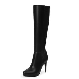 Modatope Black Pu Knee-High Boots, Women's Size 9: Combat Stiletto Heels, Round Toe, Zipper, Breathable Lining, Fashion Casual