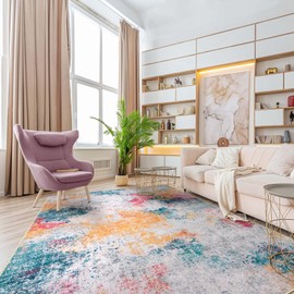 Beeiva Abstract Large Washable Rug 6x9, Modern Non Slip Area Rugs, Ultra Thin Foldable Low Pile Carpet for Dining Room Living Room Bedroom Playroom - Ivory Blue