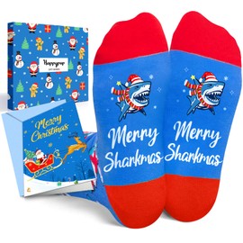 HAPPYPOP Christmas Gifts Stocking Socks for Boys Girls - Secret Santa Socks Xmas Stocking Stuffers Greeting Card for Kids Blue Shark Ocean Animal
