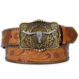SUOSDEY Women Western Leather Belt, Cowboy Cowgirl Belt for Jeans Pants Longhorn Bull Big Buckle Belt, Light Brown, For waist 42"-45"