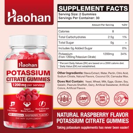 Potassium Citrate 1200mg Gummies - Chewable Supplement to Support Muscle Health & Relieve Leg Cramps for Men & Women. Vegan, Gluten-Free, Sugar-Free, Raspberry Flavor, 120 Count
