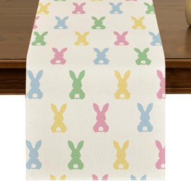 Easter Colorful Bunny Rabbit Table Runner 13x72 Inch Spring Green Pink Blue Rabbits Kitchen Dining Table Decor for Indoor Outdoor Farmhouse Home Party Decoration ZQ102