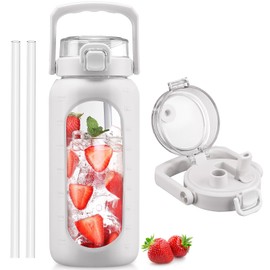 BLUEGO 64oz Glass Water Bottle with Handle and Straw, Motivational Sports Water Bottle with Time Marker and Silicone Sleeve Leakproof Drinking Bottle for Travel Gym Workout, White