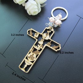 12 Pcs First Communion Wood Keychain Favor for Girl Gift for Guest Recuerdos para Primera Comunion with Gift Bags
