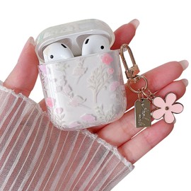 MINSCOSE Compatible with AirPods 1&2 Clear Case,Cute Flower Pattern Design with Floral Keychain, Soft TPU Protective Shockproof Cover for AirPods 1&2 for Girls Women-Pink