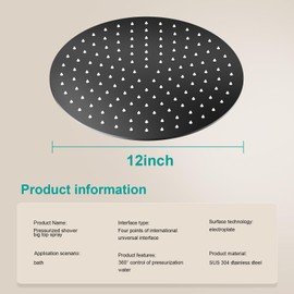 AULEEND All Metal Rain Shower Head - Heavy Duty Stainless Steel, Easy Install, High Water Flow, Ultra-Thin Modern Design for Bathroom (D-Matte Black, 12)