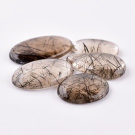 Natural Black Rutile Quartz Stone, Natural Gemstones and Crystals Cabochon Lot, DIY Jewelry Making Loose Gemstones, Chakra Healing Crystals, Wire Wrapping Cabochons, Pack of 5