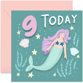 Old English Co. Happy 9th Birthday Card for Young Girl - Green Purple Mermaid Nineth Birthday Card - Age Nine Card - For Daughter, Granddaughter, Niece, Sister, Goddaughter | Blank Inside Envelope