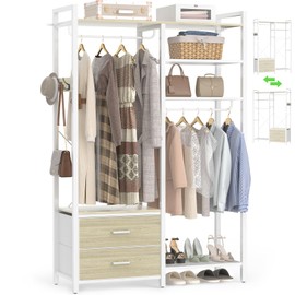 Clothes Rack for Hanging Clothes - Reversible Clothing Rack with 2 Drawers, Heavy Duty Garment Rack with Shelves, 6 Tiers Freestanding Portable Closet Wardrobe System with Hanging Hooks, White Oak