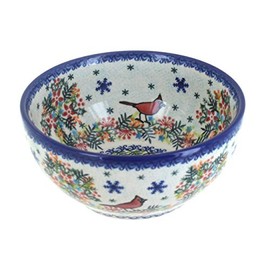Blue Rose Polish Pottery Winter Cardinal Cereal/Soup Bowl