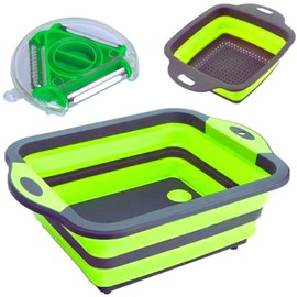 Collapsible Cutting Board 3-in-1 – Multifunctional Foldable Silicone Board with Washing Basket, Colander & Peeler, Perfect for BBQ, Picnic, and Camping| Green