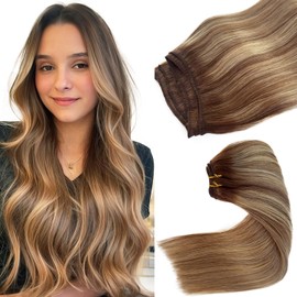 Sew in Bundles Hunan Hair Weft Extensions 18 Inch Ombre Brown Balayage Ash Blonde Highlights Hair Extensions Real Human Hair Sew in 100G Hand Tied Weft Human Hair Bundles Weave Extensions for Women