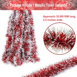32.8 Feet Christmas Tinsel, Red Tinsel, Tinsel for Christmas Tree, Chunky Christmas Tinsel Garland for Christmas Party Supplies Indoor Outdoor Decorations (Red and White)