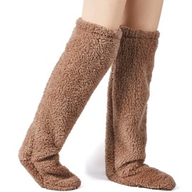 Vicenpal Over Knee Fuzzy Socks Thigh High Stockings Long Soft Leg Warmers for Women Cozy Home Sleeping, 1 Pair (Brown)