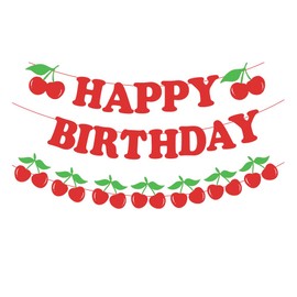 Cherry Happy Birthday Banner, Sweet Cherry Glitter Paper Sign for Happy Birthday Party Decoration.Cherry Themed First Birthday Banner for Baby Girl