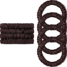 Scrunchies Hair Ties Silk Satin Scrunchy, WantGor Women 4PC Hair Bands | Pure Mulberry Silk Skinny Elastic Scrunchies Bracelets Ponytail Holders Hair Accessories (Brown*4)
