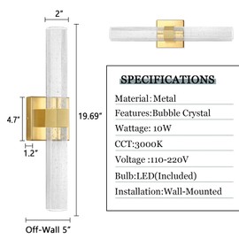 Gold LED Wall Sconce Lights Warm Light Modern Crystal Wall Lights Vanity Lighting Fixtures Sconces for Bathroom Living Room Bedroom Dining Room Hallway