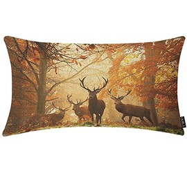 EKOBLA Deers Decorative Pillow Cushion Covers Herd of Deer Stand Among The Fall Colors Forest Trees Autumn Oblong Rectangle Throw Pillow Cases for Sofa Bed Couch Cotton Linen 12x20 Inches