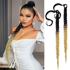 2 Packs Black and Yellow Long Braided Ponytail Extension For Black Women Soft Synthetic Hair Piece For Women with Hair Tie Straight Wrap Around Ponytail Braided Hair Extensions pre Stretched 30 Inch