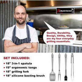 ROMANTICIST 4pc Heavy Duty Grill Accessories for Top Chef - Professional Grill Tools Set & Basic BBQ Tools for Backyard Restaurant Outdoor Kitchen - Deluxe Grill Gift for Dad on Father’s Day Birthday