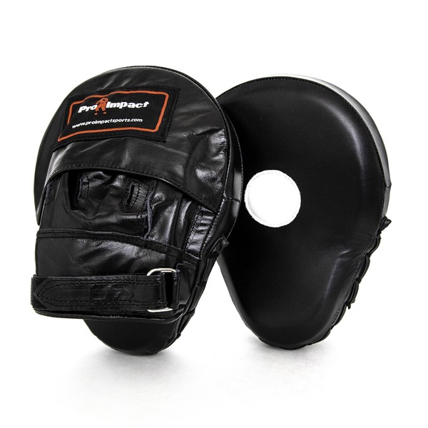 Pro Impact Curved Focus Mitts - Shock Absorbent Training Hand Pads - Ideal for Karate Boxing MMA Muay Thai or Fighting Sports Training Genuine and PU Leather (Black Genuine Leather)