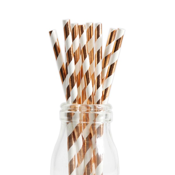 Andaz Press Rose Gold Copper Foil Striped Straws, 50-Pack, Shiny Metallic Champagne Colored Anniversary Wedding Birthday Baby Shower Party Supplies Decorations