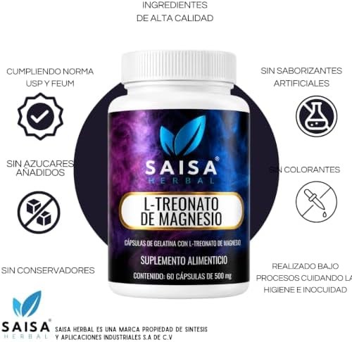 L-treonato De Magnesio 100 Puro con 60 Cápsulas SAISA HERBAL