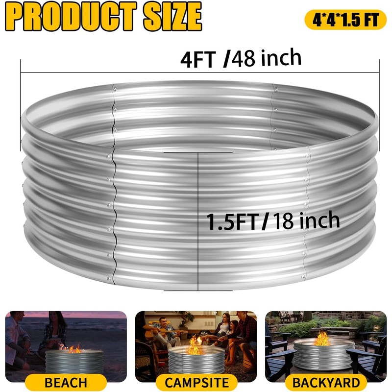 Toolterritary 48 inch Fire Pit Ring, 4FT Galvanized Fire Ring,