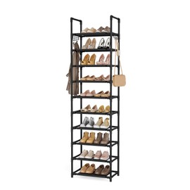 LANTEFUL 10 Tiers Shoe Rack 25 Pairs Large Capacity Tall Shoe Organizer Sturdy Shoe Storage with Two Hooks Space Saving Metal Narrow Shoe Rack for Closet, Entryway, Bedroom, Black