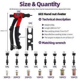 Swpeet 120Pcs Hand Rivet Nut Riveters Tool with 8Pcs SAE & Metric Mandrels M3, M4, M5, M6, 1/4-20, 10-24, 8-32, 6-32 and 7 Sizes Mixed Zinc Plated Carbon Steel Rivet Nut Assortment Kit for Tight Space