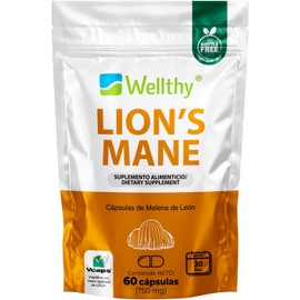 Wellthy Lion’s Mane 60 Cápsulas. Hongo Melena de Leon 750mg c/u, 1500mg por Porción, 30 días de Consumo, VCaps Cápsulas Veganas, Bottle Free