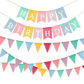 Happy Birthday Banner & Fabric Birthday Bunting Flags 3 PCS, Fabric Hanging Garland Party Decor, Multicolor Swallowtail Flags & Triangle Flags Outdoor Home Garden