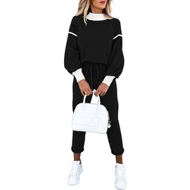 Fixmatti Lounge Sets For Women Two Piece Outfits Long Sleeve Color Block Crewneck Tracksuit Black L