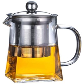 Stainless Steel Infuser Glass Teapot, Borosilicate Glass Kettle, Loose Leaf Teapot, Square Pot (950ML/32oz)