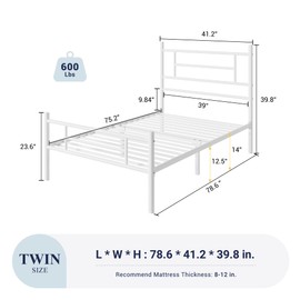 Allewie 14 Inch Twin Size Metal Platform Bed Frame with Headboard and Footboard, Underbed Storage, Strong Metal Slats Support, Mattress Foundation, No Box Spring Needed, Easy Assembly, White