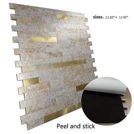 YMMXGE 10-Sheet Peel and Stick Backsplash Stone Marble Tiles, PVC Metal Wall Sticker for Kitchen 9.74 sq .ft (10, Golden Marble+Frosted Golden)