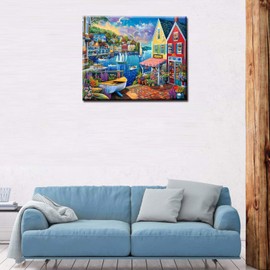 Colorful Coastal Town Paint by Number Kits 16 x 20inch Canvas Graffitic Wooden House DIY Oil Painting for Kids, Students, Adults Beginner with Brushes & Acrylic Pigment - Boat Gifts(Without Frame)