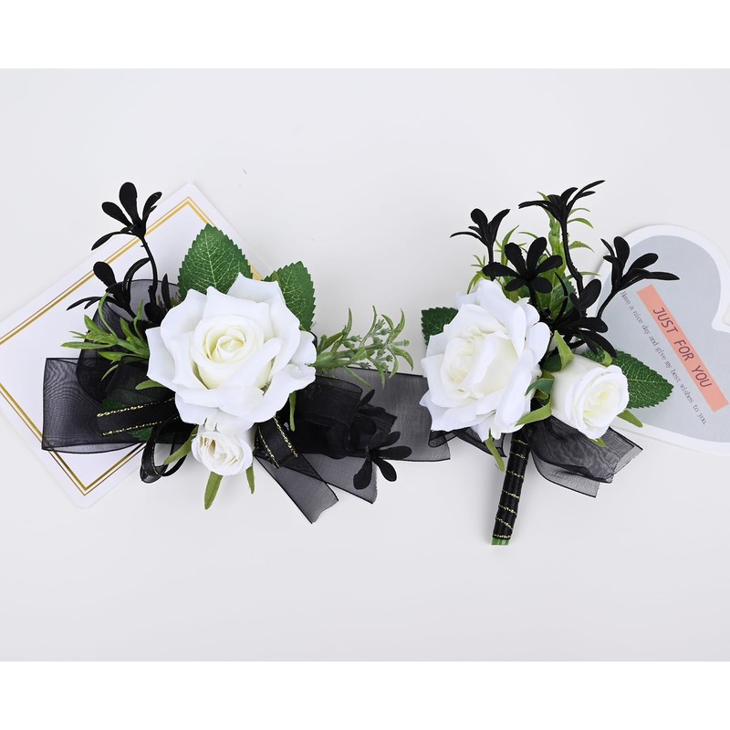 MAFELOE Corsage Boutonniere Set of 2 Pieces, White+Black (Y3-GH)