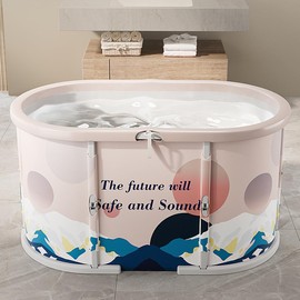 Genrenyen Ice Bath Tub No Installation 47" Oval Portable Bathtub for Shower Stall, Foldable Hot Cold Plunge Tub for Adults, Folding Large Baths at Home Outdoor Indoor (Blue, 47.2"×22.8"×20.8")