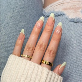 SXVME French Pink 3D Press on Nails Medium Short Almond, Flora Spring Fake Nails with Designs, Almond Glue on nails with Swirls, Thick Cute Stiletto Medium Short Nails for Women and Girls, 24 Pcs