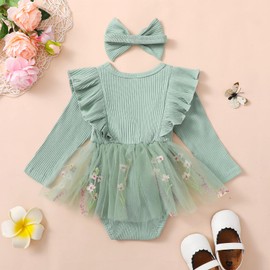 EFOGEP Baby Girl Romper Dress: Infant Princess Long Sleeve Ribbed Knit Floral Embroidered Ruffle Tulle Tutu Romper Dress and Headband 2PCS Bow Fall Winter Birthday Party Clothes Green 3-6 Months