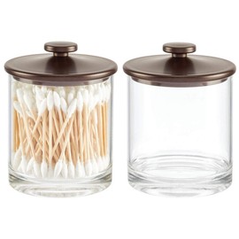 mDesign Small Modern Apothecary Storage Organizer Canister Jars - Plastic Containers for Bathroom, Organization Holder for Vanity, Counter, Makeup Tables, Lumiere Collection, 2 Pack, Clear/Bronze