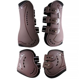 Merauno® Gaiters & Fetlock Caps, Set of 4 Gaiters, Horse Tendon Bandage with Robust Elastic, PU Shell, Neoprene Breathable Holes for Jumping, Riding, Events (M, Brown)