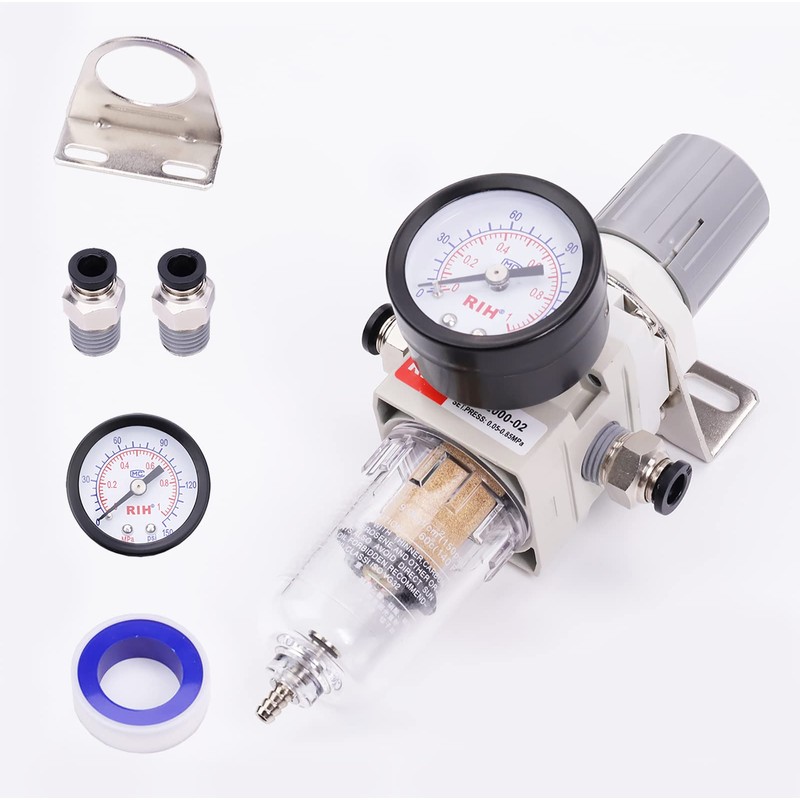 RIH 1/4" NPT Compressed Air Filter Regulator Combo Piggyback, 5