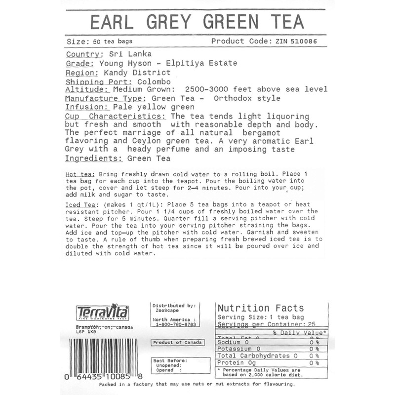 Earl Grey Green Tea (50 tea bags, ZIN: 510086)