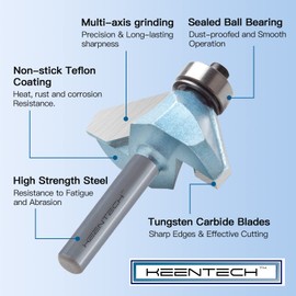 KEENTECH Carbide Tipped 45 Degree Chamfer Router Bit for Edge Forming, 1/4 Inch Shank Bevel Router Bit Non-Stick Teflon Coating with Top Bearing, Cutting Length 13/32" for Decorative Edge Woodworking