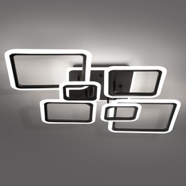 Modern Ceiling Light, 40.2'' LED Dimmable Acrylic Square 6+1 Rings Ceiling Lights with Remote, Black Flush Mount Ceiling Light Fixture for Low Ceiling Bedroom Living Room Dining Room, 130W